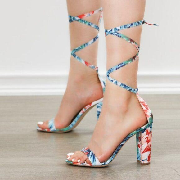Blue Floral Laced-up Leg Tie, Ankle Strap High Heels Sandals - Picture 3 of 8